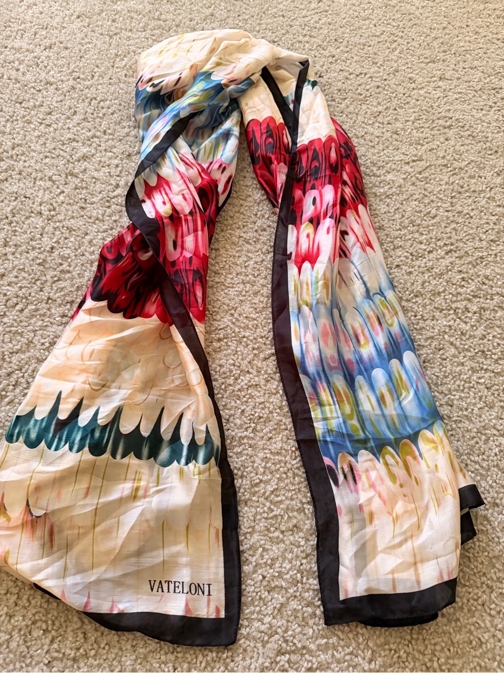 VATELONI Feather Print Silk Scarf in Red, Blue, Green, Cream